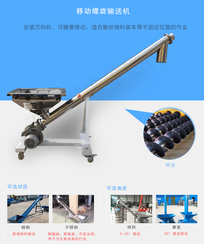 移動螺旋輸送機主要安裝有行走輪,可随意移動,人工即可推動出入倉庫,主要用于裝卸地方變動的場合